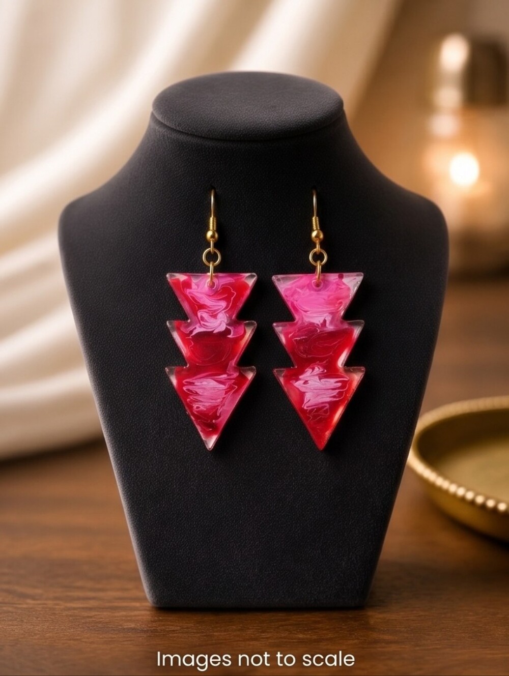 #534 HAND CRAFTED Earrings handcrafted handmade Resin Red Pink White Gold-tone